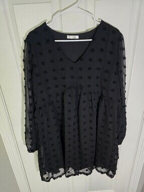 Kirundo Womens Black Dot V Neck Long Sleeve Mini Dress Large